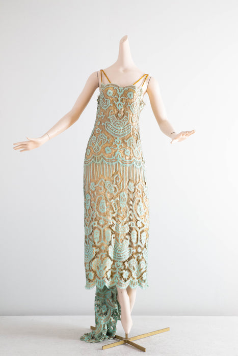 Museum Quality Rare 1920's Sally Milgrim Egyptian Revival Couture Evening Dress With Train / SM