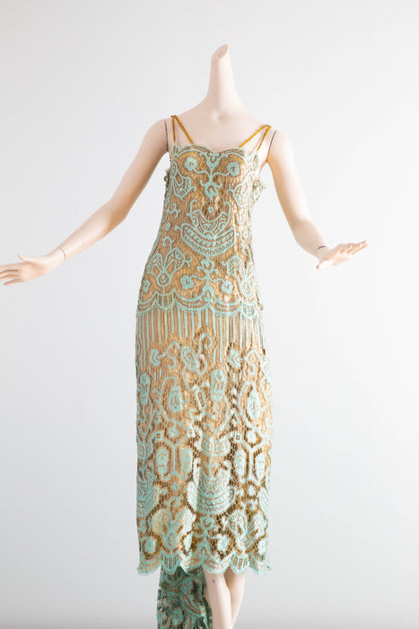 Museum Quality Rare 1920's Sally Milgrim Egyptian Revival Couture Evening Dress With Train / SM