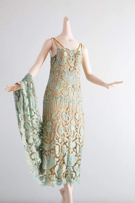 Museum Quality Rare 1920's Sally Milgrim Egyptian Revival Couture Evening Dress With Train / SM