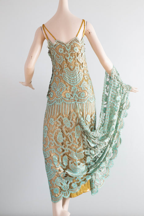 Museum Quality Rare 1920's Sally Milgrim Egyptian Revival Couture Evening Dress With Train / SM