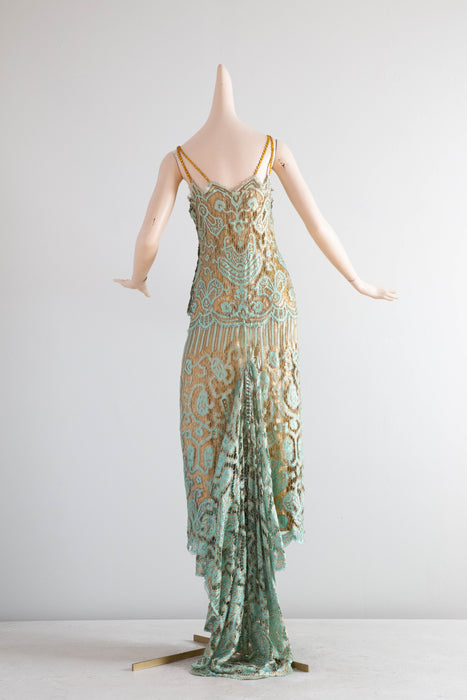 Museum Quality Rare 1920's Sally Milgrim Egyptian Revival Couture Evening Dress With Train / SM