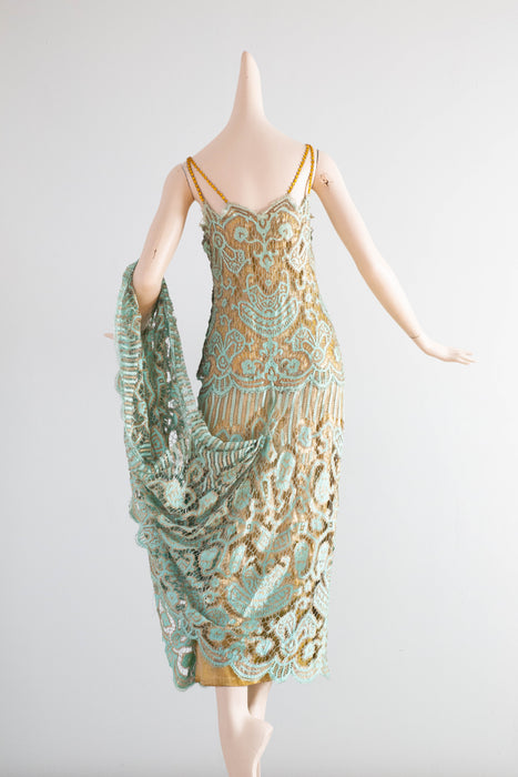 Museum Quality Rare 1920's Sally Milgrim Egyptian Revival Couture Evening Dress With Train / SM