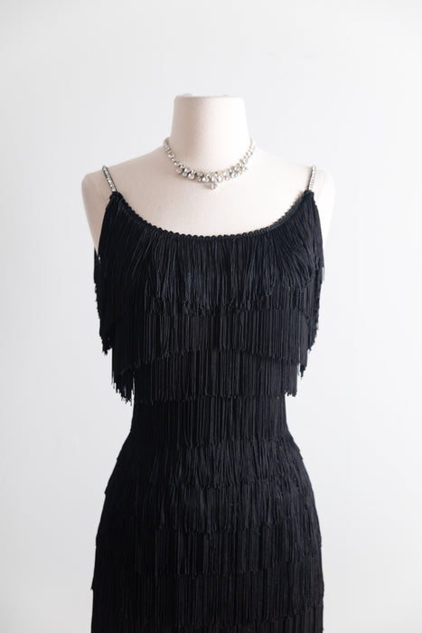 Vintage 1950s Black Fringe Cocktail Dress / S