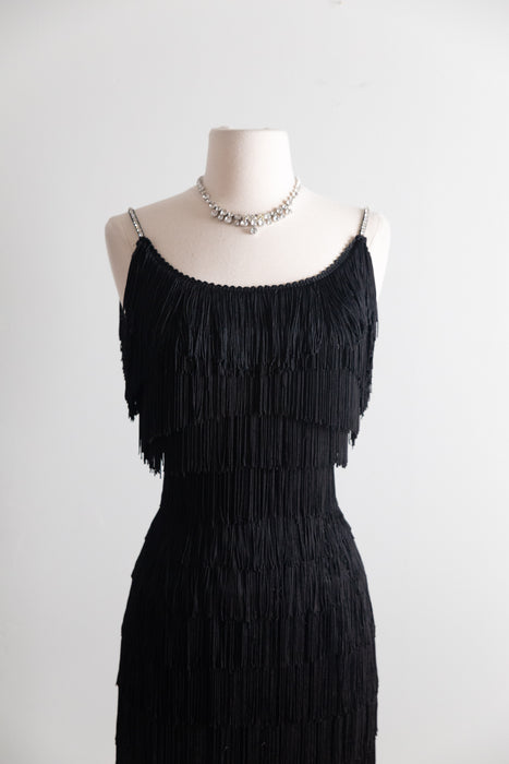 Vintage 1950s Black Fringe Cocktail Dress / S