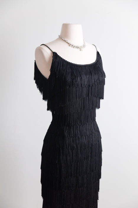 Vintage 1950s Black Fringe Cocktail Dress / S