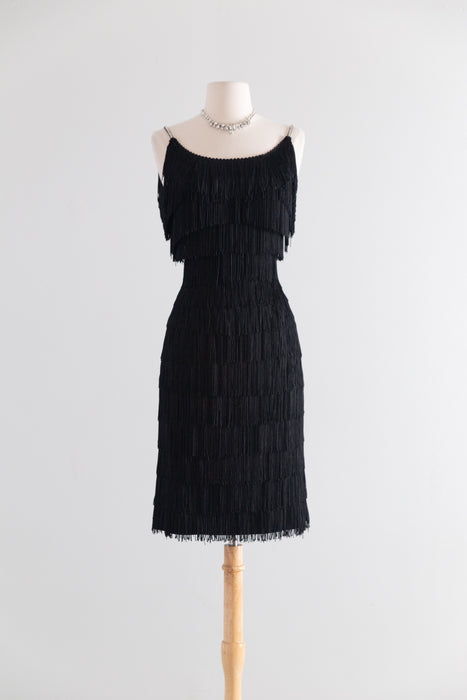 Vintage 1950s Black Fringe Cocktail Dress / S