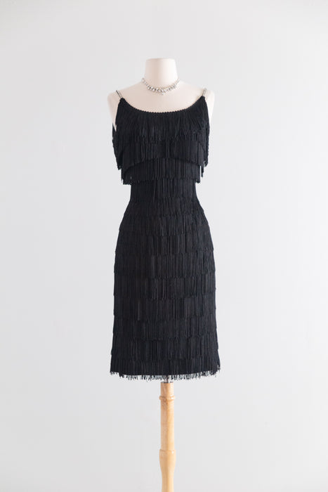 Vintage 1950s Black Fringe Cocktail Dress / S