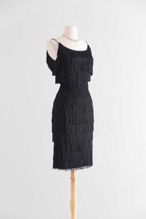 Vintage 1950s Black Fringe Cocktail Dress / S