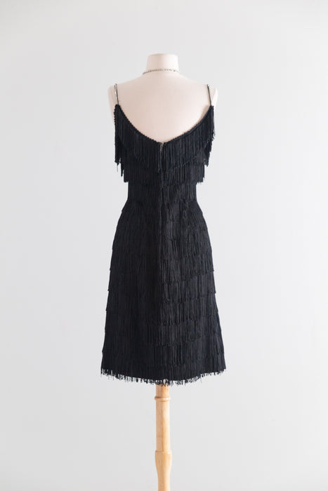Vintage 1950s Black Fringe Cocktail Dress / S