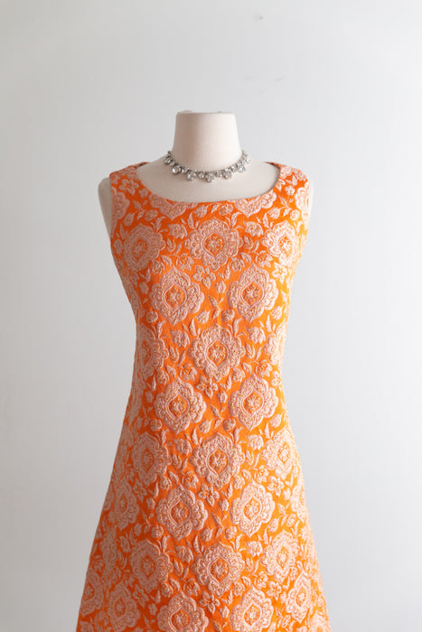 Fabulous 1960's Tangerine Brocade Cocktail Dress / ML