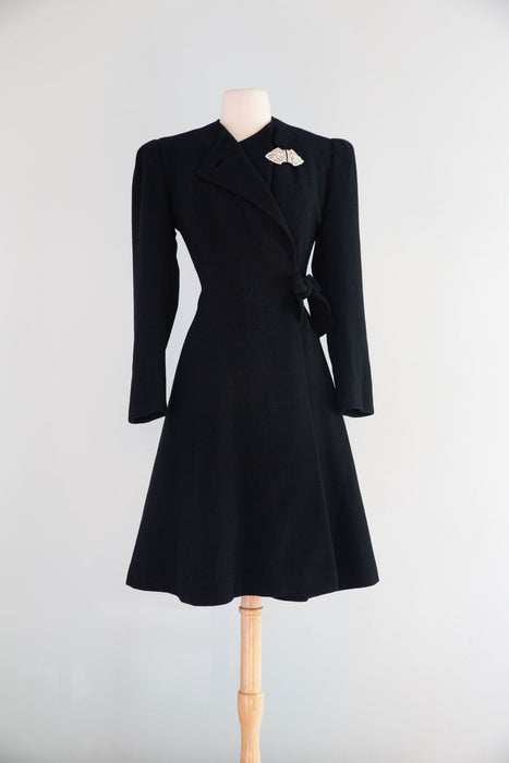 Divine Early 1940’s Black Wool Princess Coat From Charles F. Berg / Small
