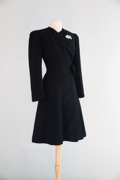 Divine Early 1940’s Black Wool Princess Coat From Charles F. Berg / Small