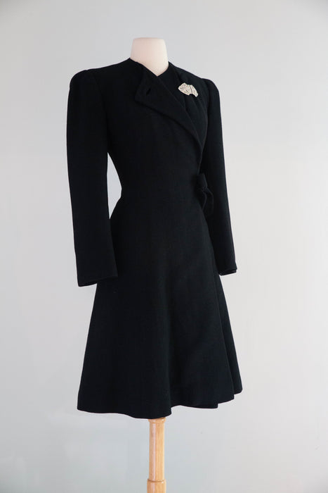 Divine Early 1940’s Black Wool Princess Coat From Charles F. Berg / Small
