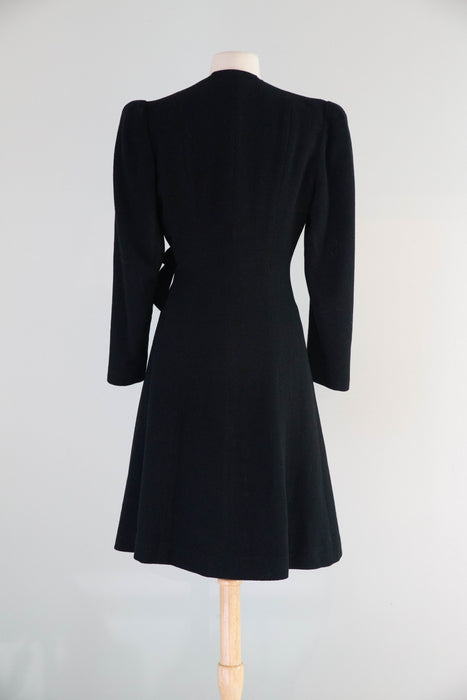 Divine Early 1940’s Black Wool Princess Coat From Charles F. Berg / Small