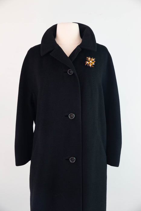 Elegant and Chic 1960's Black Cashmere Ladies Overcoat / ML