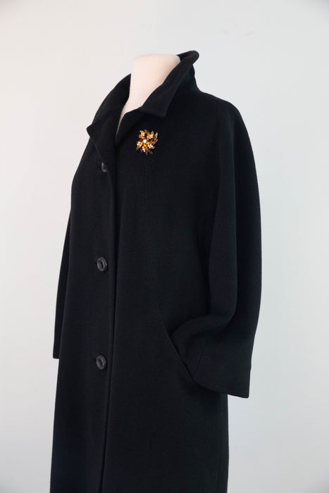 Elegant and Chic 1960's Black Cashmere Ladies Overcoat / ML