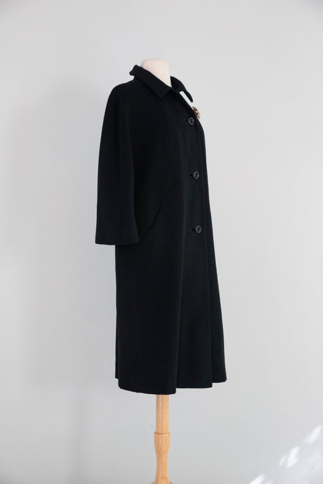 Elegant and Chic 1960's Black Cashmere Ladies Overcoat / ML