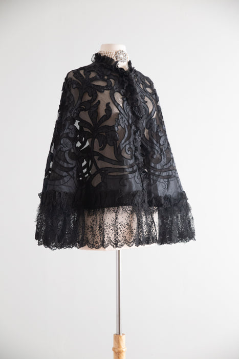 Extraordinary Antique Victorian Black Lilies Mourning Cape / OS