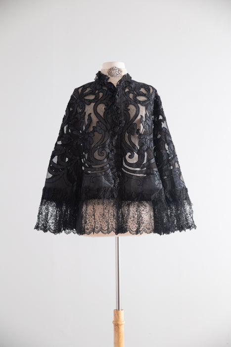 Extraordinary Antique Victorian Black Lilies Mourning Cape / OS