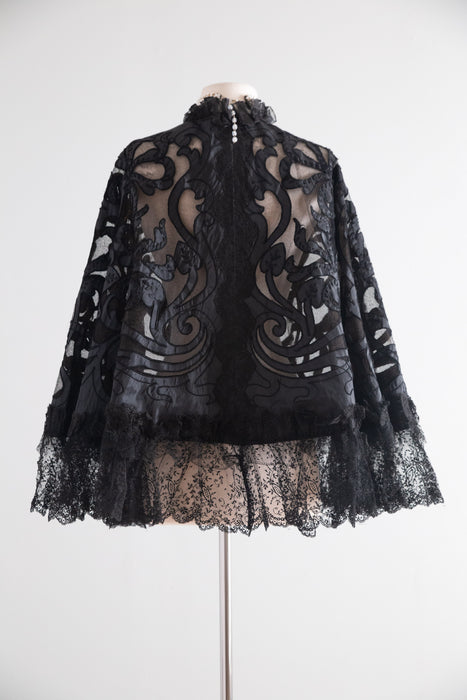Extraordinary Antique Victorian Black Lilies Mourning Cape / OS
