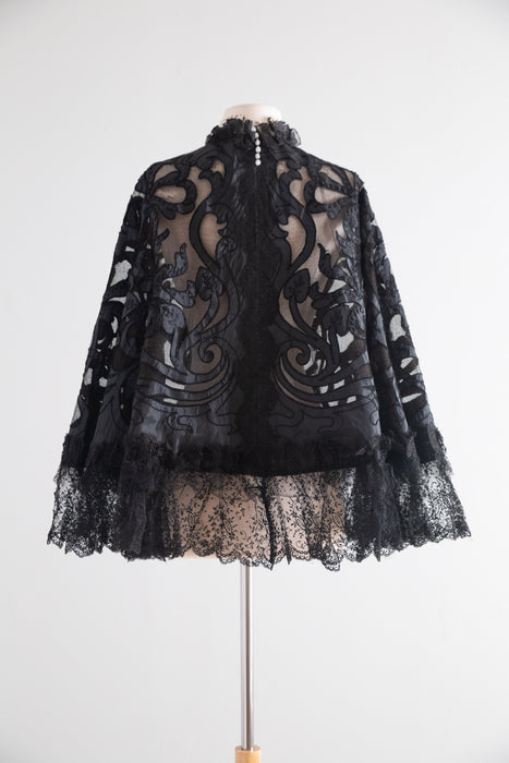 Extraordinary Antique Victorian Black Lilies Mourning Cape / OS
