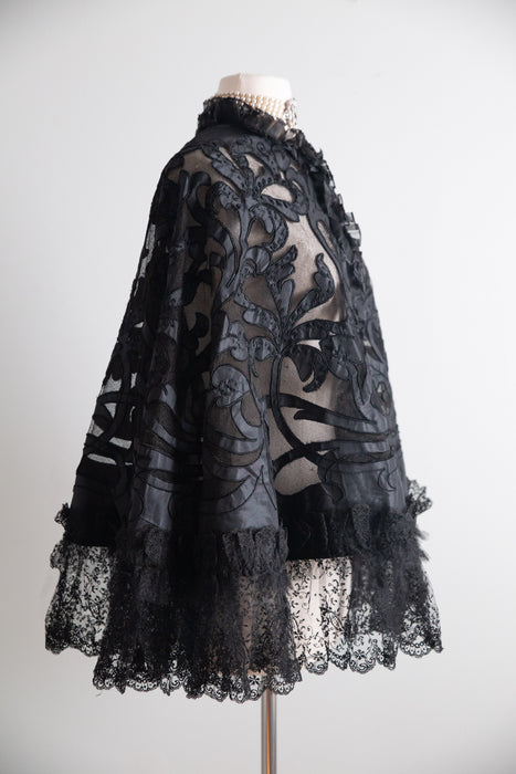 Extraordinary Antique Victorian Black Lilies Mourning Cape / OS