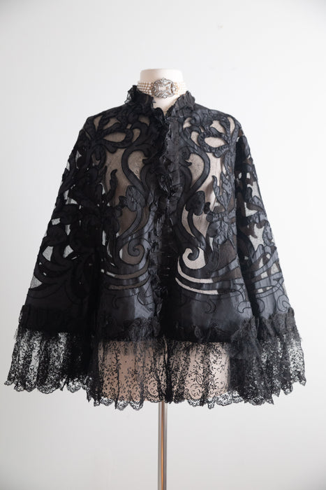 Extraordinary Antique Victorian Black Lilies Mourning Cape / OS