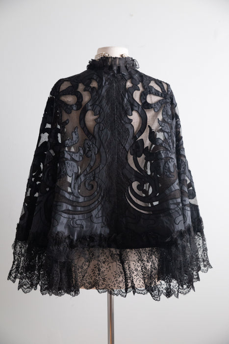 Extraordinary Antique Victorian Black Lilies Mourning Cape / OS
