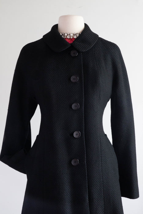 Divine 1960's High End Black Wool Coat With Peter Pan Collar and Full Skirt / SM