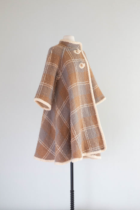 Fabulous 1960's Wool Boucle Reversible Plaid Trapeze Coat / M