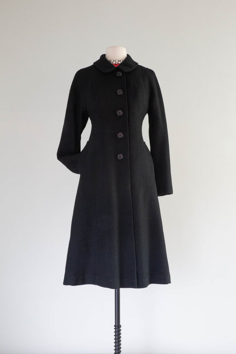 Divine 1960's High End Black Wool Coat With Peter Pan Collar and Full Skirt / SM