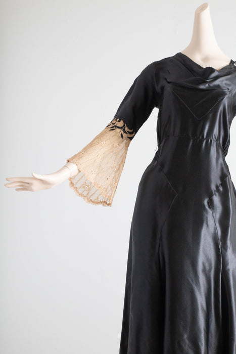 Sublime 1930's Glossy Black Silk Satin Bias Cut Evening Dress With Lace Sleeves / Medium