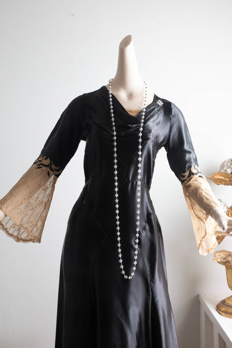 Sublime 1930's Glossy Black Silk Satin Bias Cut Evening Dress With Lace Sleeves / Medium