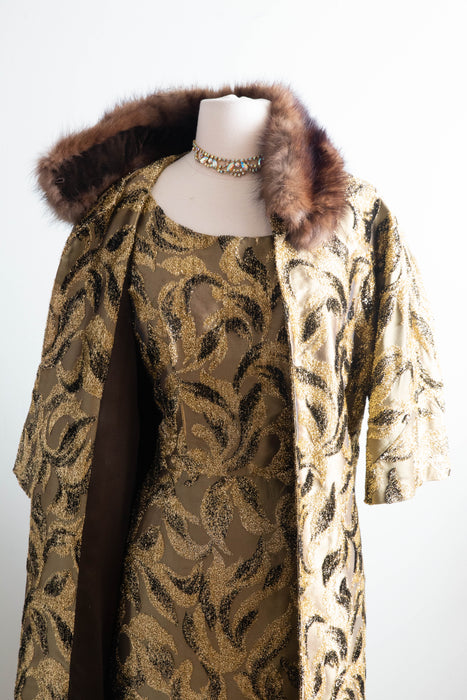 Glamorous 1960's Metallic Gold Brocade Cocktail Dress & Matching Coat -Florence Sisman Collection / Medium