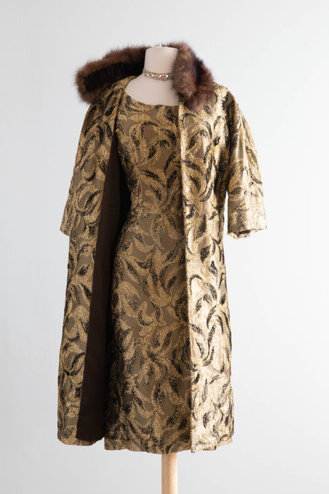 Glamorous 1960's Metallic Gold Brocade Cocktail Dress & Matching Coat -Florence Sisman Collection / Medium