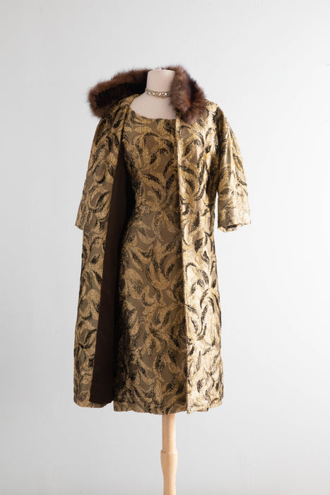 Glamorous 1960's Metallic Gold Brocade Cocktail Dress & Matching Coat -Florence Sisman Collection / Medium