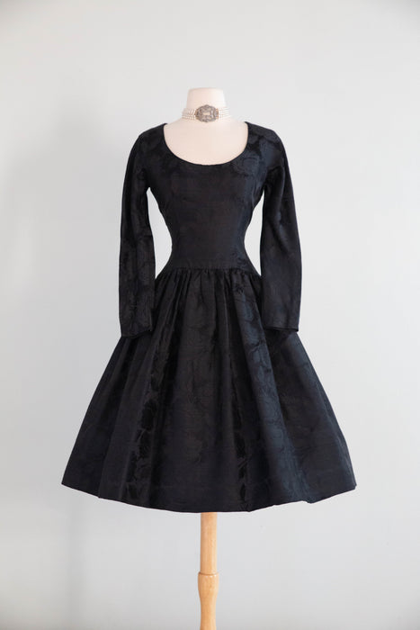 Stunning Late 1950’s Arnold Scaasi for Martini Black Silk Jacquard Cocktail Dress