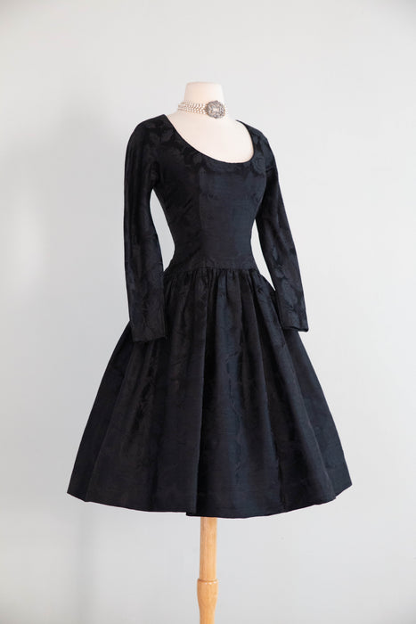 Stunning Late 1950’s Arnold Scaasi for Martini Black Silk Jacquard Cocktail Dress