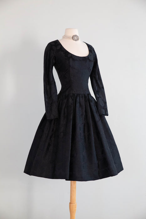 Stunning Late 1950’s Arnold Scaasi for Martini Black Silk Jacquard Cocktail Dress