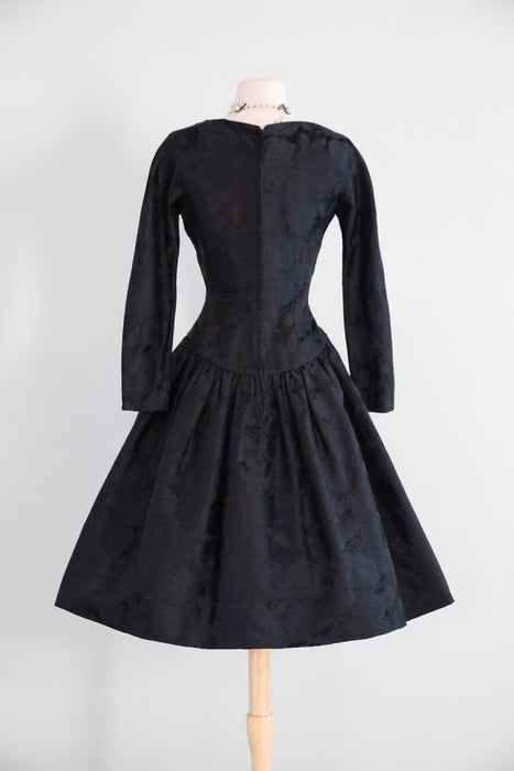Stunning Late 1950’s Arnold Scaasi for Martini Black Silk Jacquard Cocktail Dress