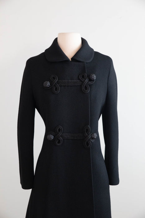 Iconic 1960's Hovland Swanson Black Wool Coat With Soutache  / M