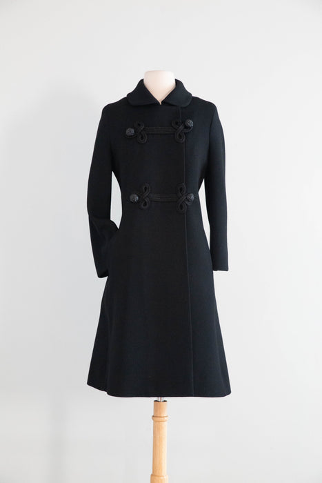 Iconic 1960's Hovland Swanson Black Wool Coat With Soutache  / M