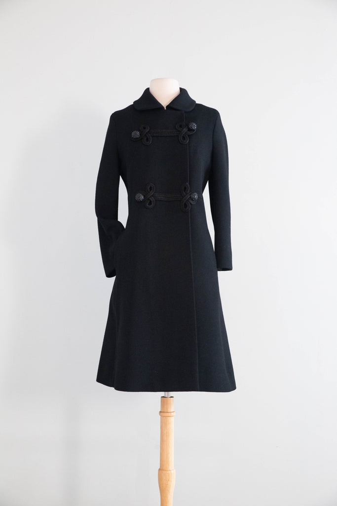 Iconic 1960's Hovland Swanson Black Wool Coat With Soutache / M