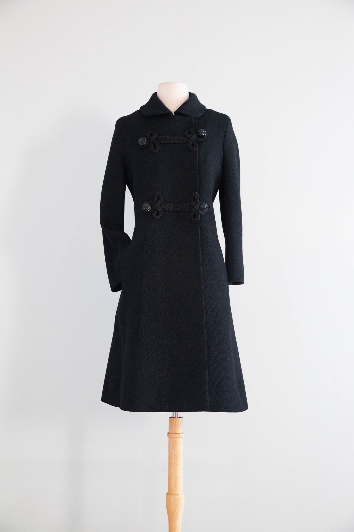 Iconic 1960's Hovland Swanson Black Wool Coat With Soutache / M