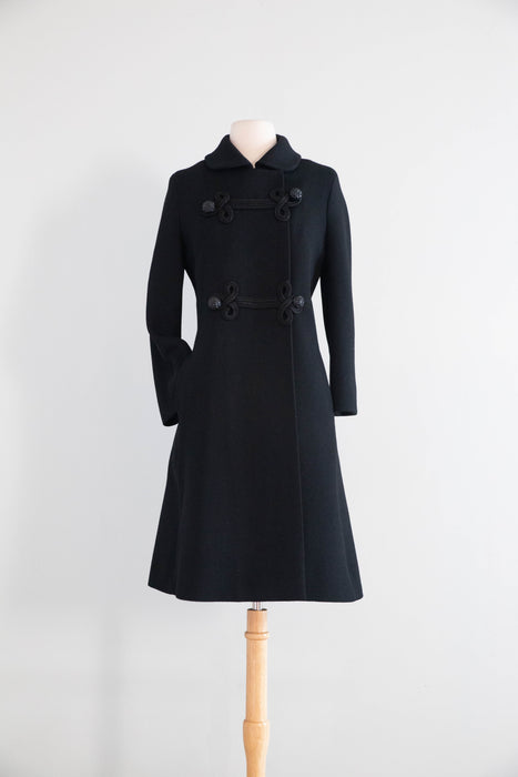 Iconic 1960's Hovland Swanson Black Wool Coat With Soutache  / M