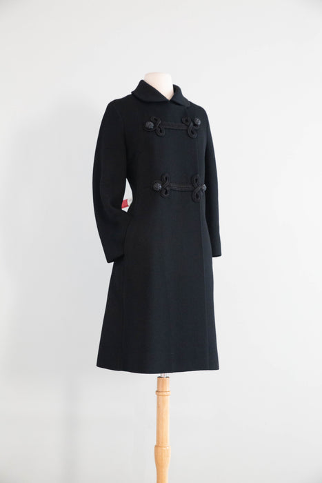 Iconic 1960's Hovland Swanson Black Wool Coat With Soutache  / M