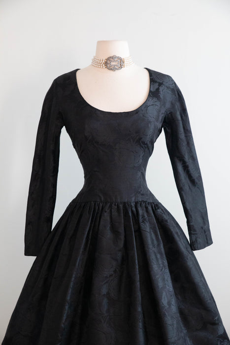 Stunning Late 1950’s Arnold Scaasi for Martini Black Silk Jacquard Cocktail Dress