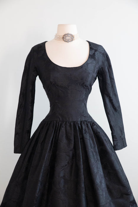 Stunning Late 1950’s Arnold Scaasi for Martini Black Silk Jacquard Cocktail Dress