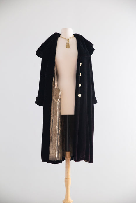 DECADENT Vintage Black Velvet Opera Coat Lined in Gold Lame / SM