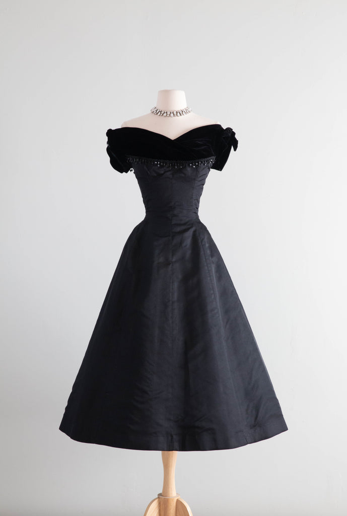 1950's Madame X Jet Black Velvet & Silk Cocktail Dress With